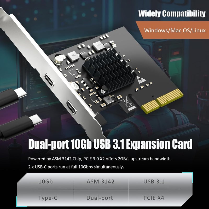 GLOTRENDS U3142C 2-Port 10Gb USB 3.1 Gen2 Type-C to PCIE X4 Expansion Card with ASM 3142 Chip, Regular and Low-profible Bracket - Image 3